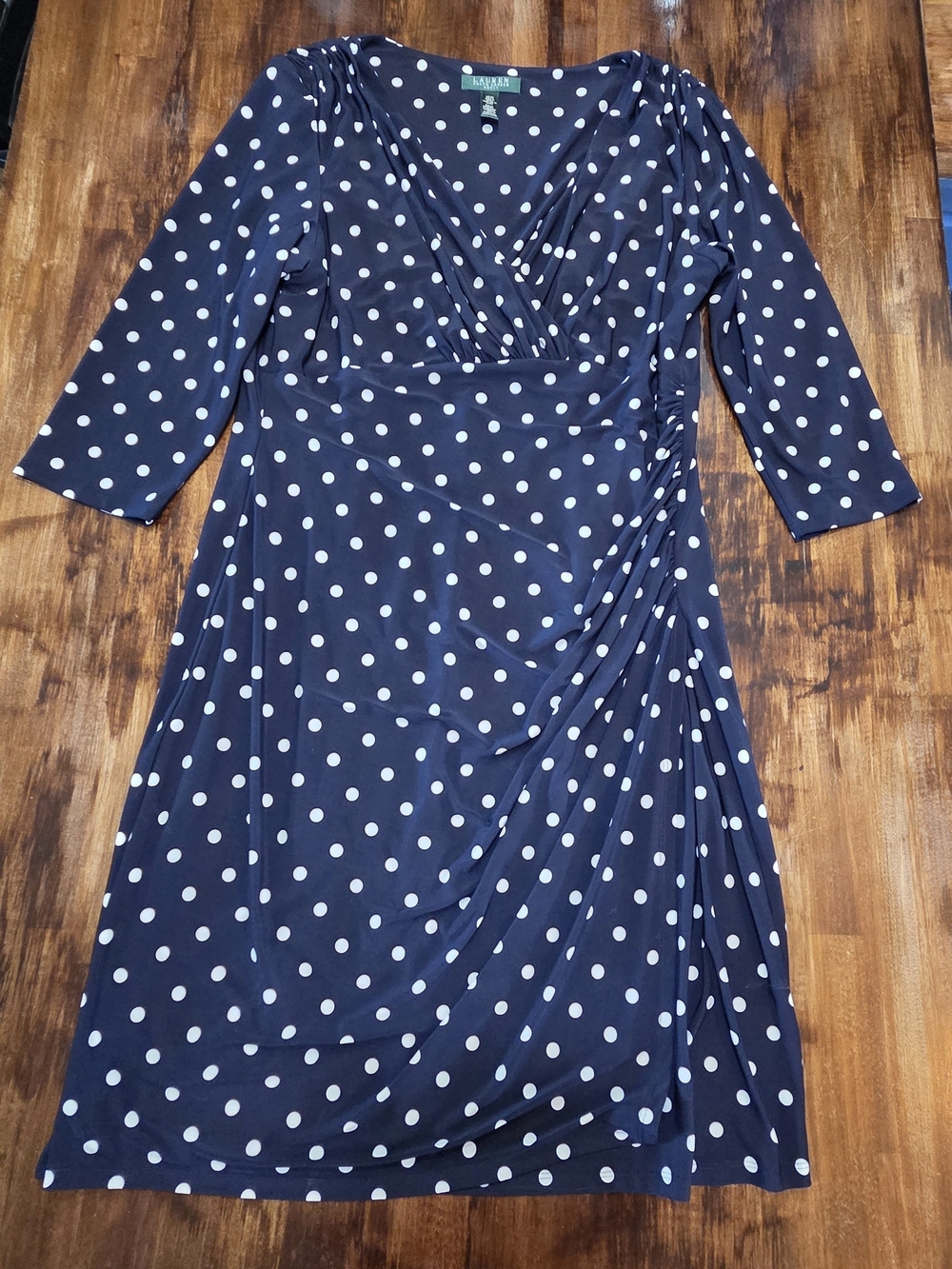 Ralph Lauren Dress Sheath Blue W/ DOTS Faux Wrap Ruches 3/4 Sleeve V-Neck Sz 16W